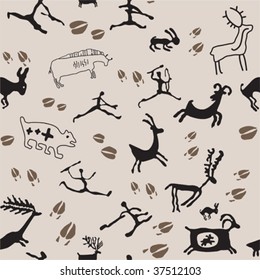 Cave Painting Hunters and Animals. Vector seamless silhouette wallpaper  based on cave paintings.