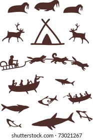 Cave Painting Hunters And Animals. Vector Based On Cave Paintings.