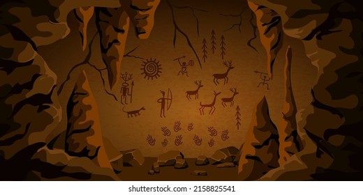 Cave painting on a wall with cracks. Prehistoric magical symbols of ancient people. Art of the Stone Age. dungeon with stalactites and stalagmites