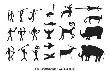 Cave painting prehistoric rock art hand drawn sketch style vector illustration set. Rock age cave paintings set with prehistoric wild animals, tribal people and village buildings.