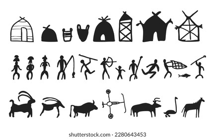 Cave painting prehistoric rock art hand drawn sketch style vector illustration set. Rock age cave paintings set with prehistoric wild animals, tribal people and village buildings.