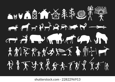 Pintura rupestre prehistórica de arte rocoso dibujado a mano estilo de dibujo conjunto de ilustración vectorial. Pinturas rupestres de cavernas con animales salvajes prehistóricos, pueblos tribales y edificios de aldeas.