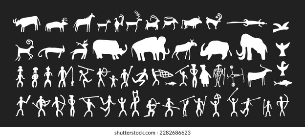 Cave painting prehistoric rock art hand drawn sketch style vector illustration set. Rock age cave paintings set with prehistoric wild animals, tribal people and village buildings.