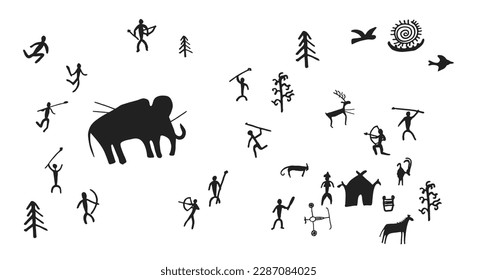 Cave painting prehistoric rock art hand drawn sketch style vector illustration set. Rock age cave paintings set with prehistoric wild animals, tribal people and village buildings.