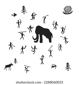 Cave painting prehistoric rock art hand drawn sketch style vector illustration set. Rock age cave paintings set with prehistoric wild animals, tribal people and village buildings.