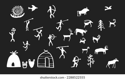 Cave painting prehistoric rock art hand drawn sketch style vector illustration set. Rock age cave paintings set with prehistoric wild animals, tribal people and village buildings.