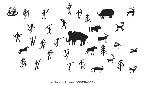 Cave painting prehistoric rock art hand drawn sketch style vector illustration set. Rock age cave paintings set with prehistoric wild animals, tribal people and village buildings.