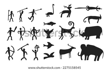 Cave painting prehistoric rock art hand drawn sketch style vector illustration set. Rock age cave paintings set with prehistoric wild animals, tribal people and village buildings. [[stock_photo]] © 