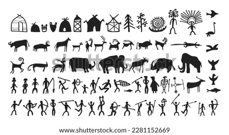 Cave painting prehistoric rock art hand drawn sketch style vector illustration set. Rock age cave paintings set with prehistoric wild animals, tribal people and village buildings. Сток-фото © 