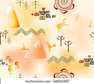 Cave Painting seamless background. Abstract image with a shaman, deer, goats, trees and river. EPS10 vector illustration