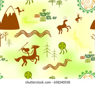 Cave Painting seamless background. Abstract image with a hunter, trees, mountain and river. EPS10 vector illustration