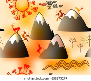 Cave Painting seamless background. Abstract image with a hunter, trees, sun and mountains. EPS10 vector illustration
