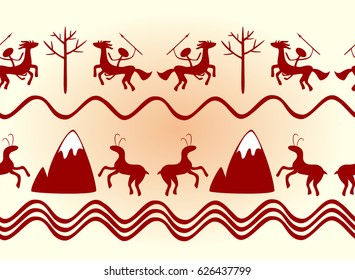 Cave Painting Seamless Pattern. The image of a hunter on a horse and goat. EPS10 vector illustration