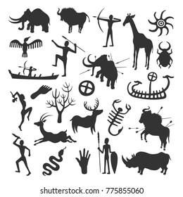 Cave painting set  Simple painting done by prehistoric people in caves  hunting   life painted in black the wall  Vector flat style cartoon illustration isolated white background