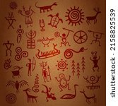 Cave painting, stone age prehistoric symbols set. Deer, goat, birds, people, warrior and shaman in primitive style.