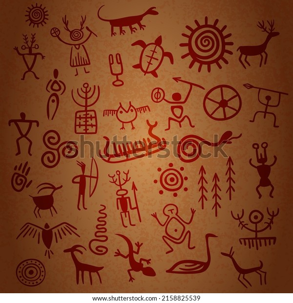 Cave
painting, stone age prehistoric symbols set. Deer, goat, birds,
people, warrior and shaman in primitive
style.