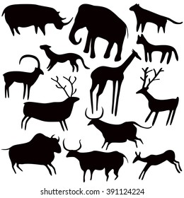 Cave painting, stylized animals silhouettes, rock art. Vector set on white background.