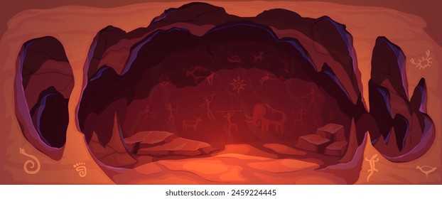 Cave painting. Vector dark cavern with dim red glow and wall, adorned with ancient prehistoric drawing depicting scenes of hunting, rituals, and daily life of lost civilization. Caveman art background