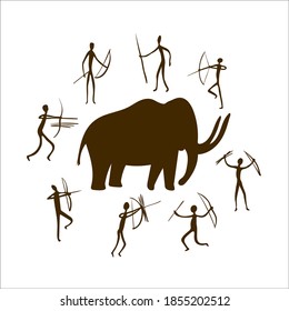 Cave paintings - ancient hand-painted petroglyphs. Mammoth and hunters in a primitive tribal style. Vector illustration.