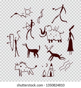 Cave paintings of people and animals. Vector cartoon illustration isolated on transparent background.