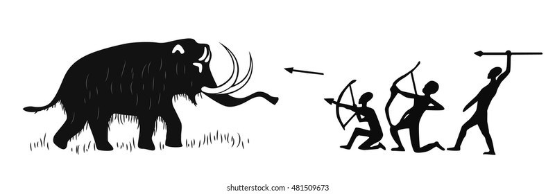 Cave paintings of tribal people hunting for woolly mammoth