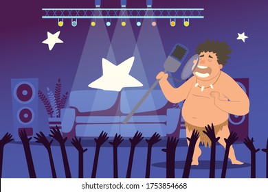 Cave people character sing to microphone in front audience vector illustration. Curly primeval man in loincloth with teeth necklace on neck, perform on stage. Famous caveman in studio, concerte.