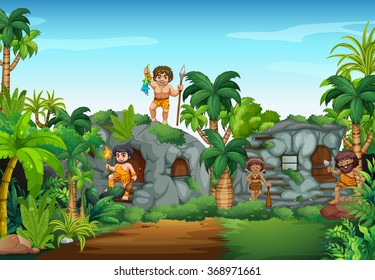 Cave people living in the forest illustration