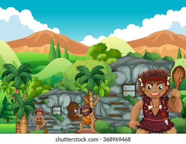Cave people living together in the stonehouse illustration