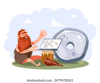 Cave people and wheel isolated concept. Vector flat graphic design illustration