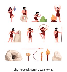 Cave person items. Stone weapons ropes fire bonfire for neandrathal characters of prehistorical period hunters for mammoth garish vector set
