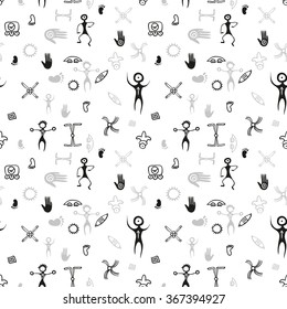 Cave primitive art pattern - vector rock drawings isolated on white background. Ancient tribal prehistoric elements ornament.
