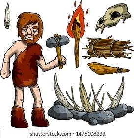 Cave primitive man and weapons. Set of items for hunting. A stone axe, a stick, a trap for the mammoth, torch, skull of the animal