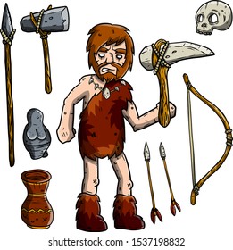 Cave primitive man and weapons. Set of items for hunting. Caveman with spear, stone axe, hammer, bowl, arrow, pot and skull. Cartoon illustration
