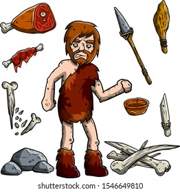 Cave primitive man and weapons. Set of items for hunting. Caveman with spear, club, meat, bone, knife, stone. Cartoon sketch illustration