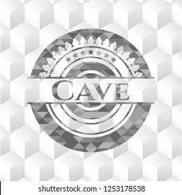 Cave realistic grey emblem with geometric cube white background
