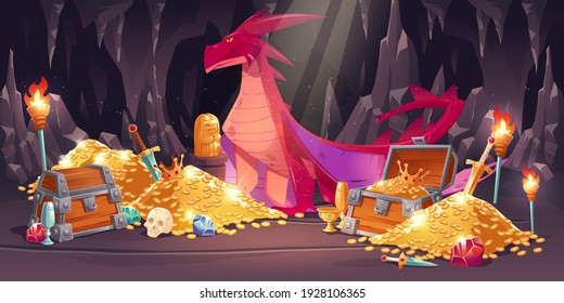 Cave with red dragon and treasure, piles of gold coins, jewelry and gem. Vector cartoon illustration of fairytale treasury with wooden chests, gemstones and magic beast with wings