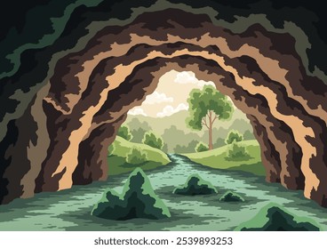 Cave river landscape. Underground rocky cave with water and forest outside. Cartoon with view through entrance. Exit from cave. Vector cartoon illustration of empty stone cavern