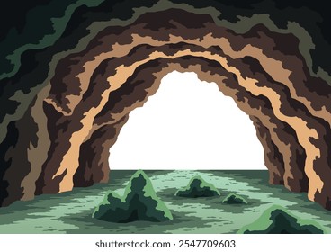 Cave river landscape. Underground rocky cave with water. Cartoon with view through entrance. Exit from cave. Vector cartoon illustration of empty stone cavern. Old mountain grotto inside