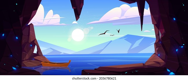 Cave In Rock With Blue Crystals And View To Lake And Mountains On Horizon. Vector Cartoon Landscape Of Stone Cavern Entrance, Sea, Wooden Boat, Flying Birds, Sun And Clouds In Sky