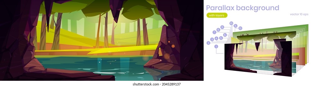 Cave In Rock With Lake And Forest With Grass And Trees Outside. Parallax Background With Layers For 2d Game Animation. Vector Cartoon Summer Landscape With Stone Cavern And River In Woods