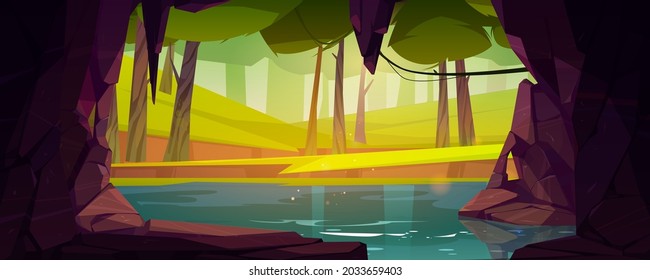 Cave in rock with lake and forest outside. Vector cartoon summer landscape with stone cavern entrance, river, trees and green grass. Natural grotto with water in mountain in woods