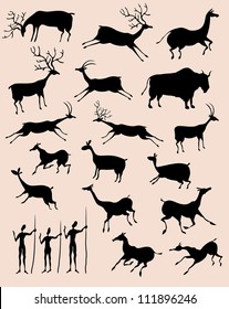 Cave Rock Painting Animals Silhouettes Vector Set