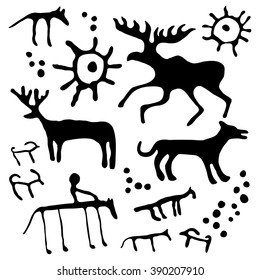 Cave rock painting animals silhouettes vector set