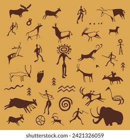 Cave rock painting. Caveman drawings petroglyph art, prehistoric tribe elements design ancient writing stone age paintings primitive man with bow goat vector illustration of prehistoric stone art