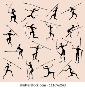 Cave Rock Painting Tribal People Silhouettes Vector Set