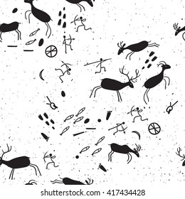 Cave rock painting tribal people silhouettes hunts to animals.Seamless background for your design.