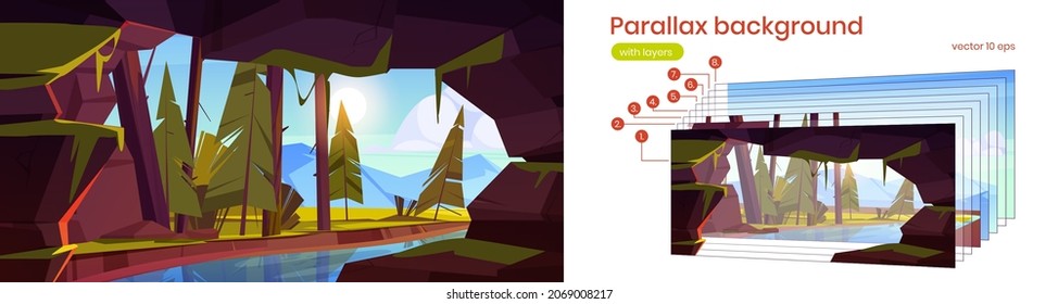 Cave in rock with river, forest and mountains outside. Vector parallax background for 2d animation with cartoon summer landscape with stone cavern entrance, brook and coniferous trees