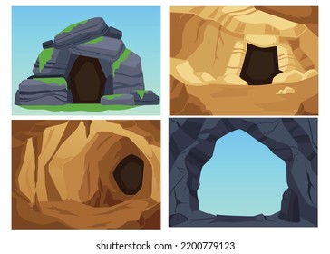 Cave rocky landscape backdrops collection of square banners, flat vector illustration. Cave chamber entrance and exit, inside mountain backgrounds set.