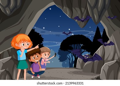 Escena en cuevas con niños explorando la ilustración de caricaturas