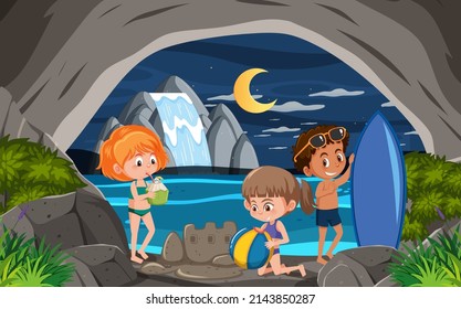 In cave scene with children exploring cartoon character illustration